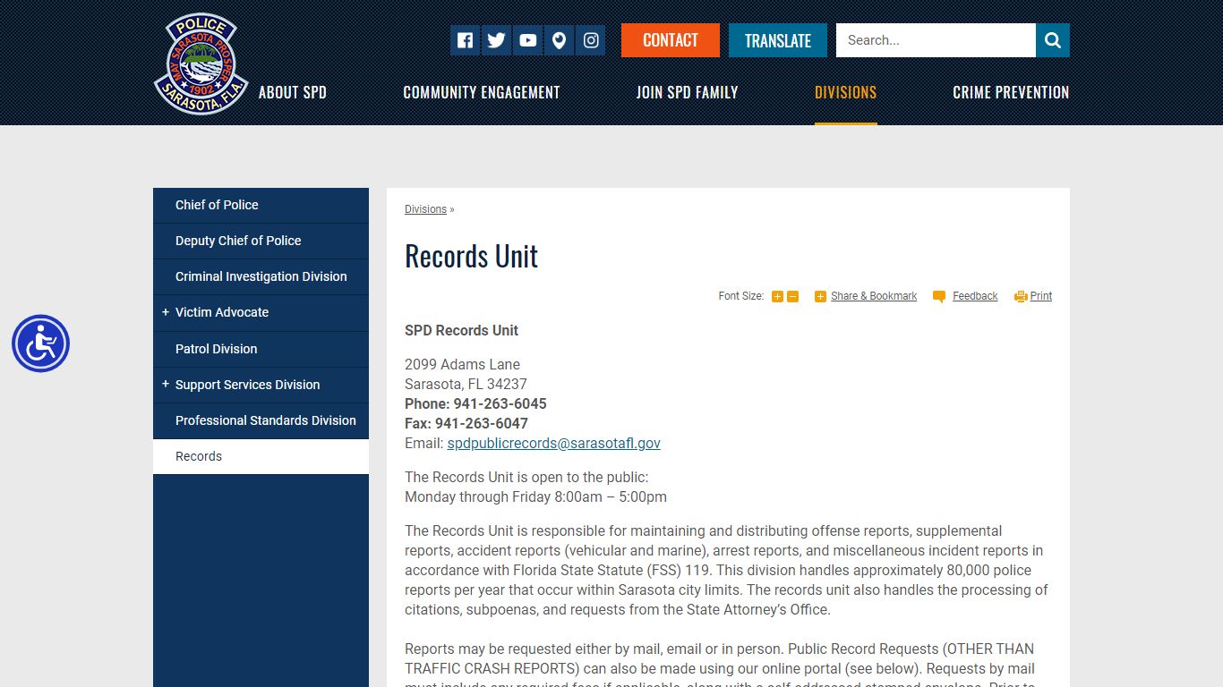 Records Unit | Sarasota FL: Police